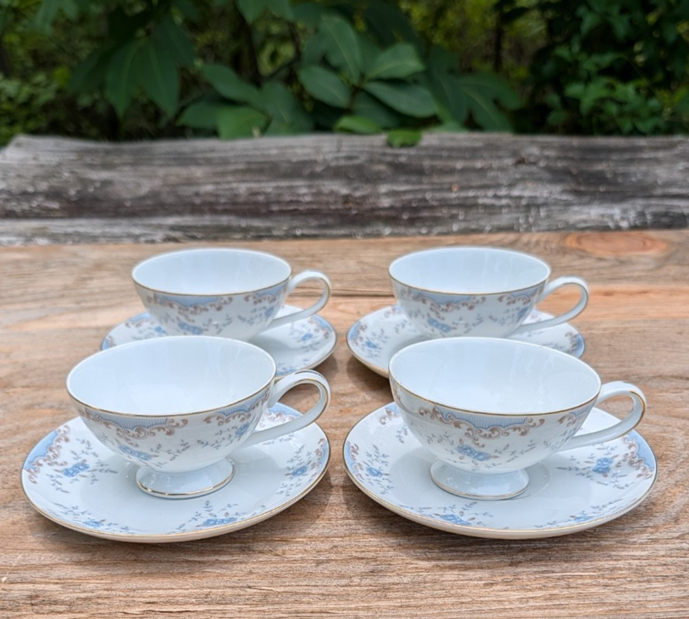 Imperial China Seville Footed Cup & Saucer Set of 4 Blue Floral Gold Trim Japan